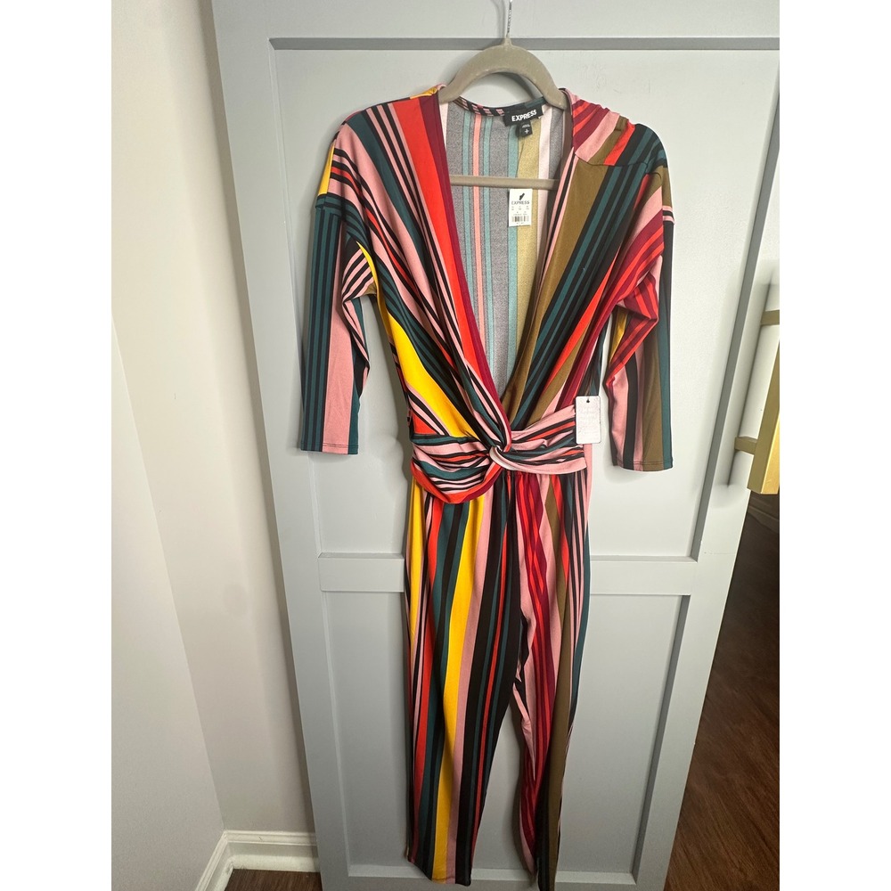 Express Womens Multi Color Striped Twist Front V-Neck Jumpsuit Size Small NWT